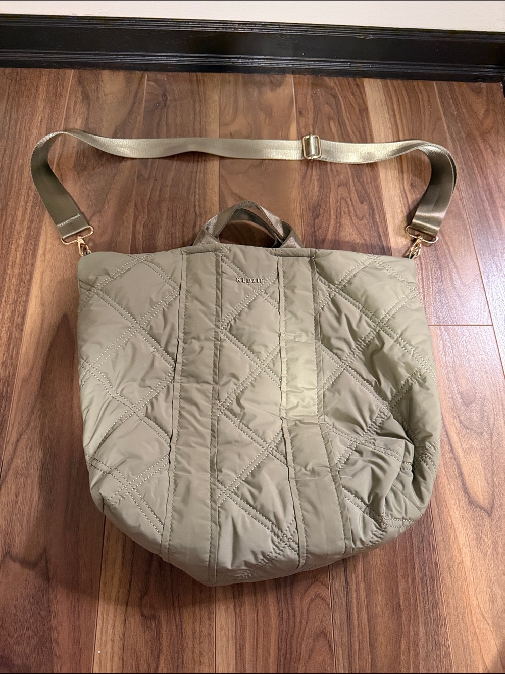 Quilted Olive Green Crossbody Tote with Gold Strap